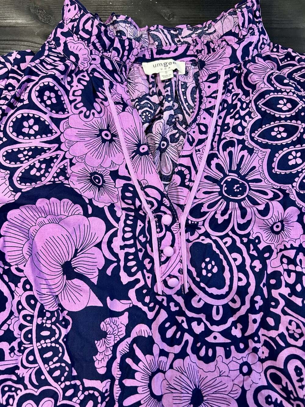 Umgee USA R0621 Purple and Black Paisley Notch Neck Flutter Sleeve Top
